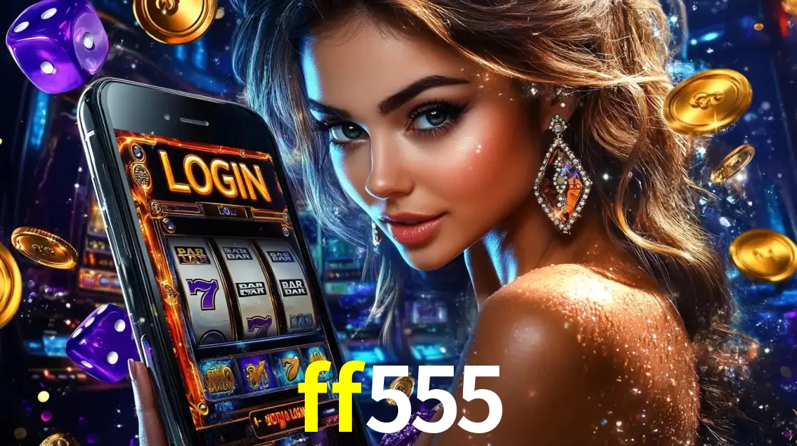 Mulher glamorosa segurando um smartphone com a tela de login para os jogos de caça-níqueis do cassino online ff555, com moedas de ouro e dados ao redor.